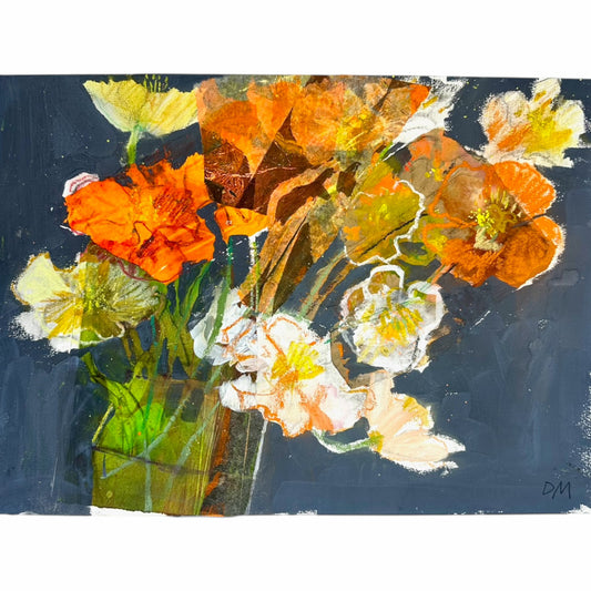 An expressive oil painting of a flower bouquet in a green glass vase, featuring vibrant orange, yellow, and white blossoms against a textured dark blue-gray background.