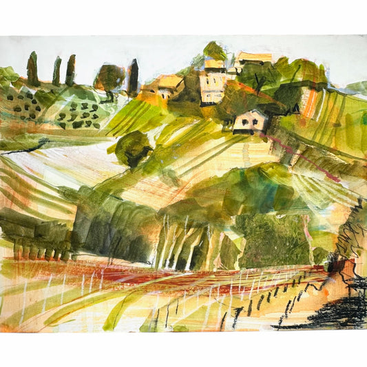 An impressionistic landscape painting of a Tuscan hillside village with green fields, cypress trees, and small houses, rendered in expressive brushstrokes of green, yellow, beige, brown, and black.