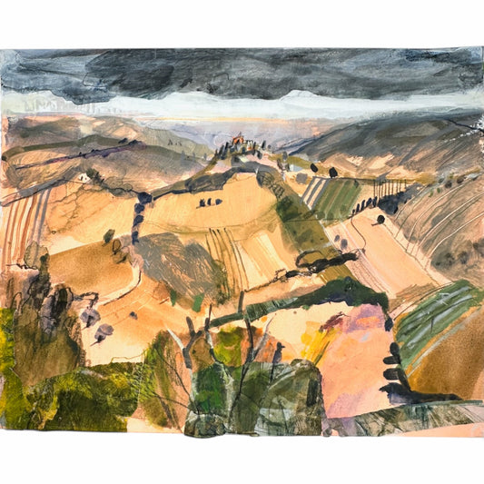 A watercolor landscape painting of rolling hills and fields under a dark, moody sky, featuring earthy tones of brown, beige, green, and gray.