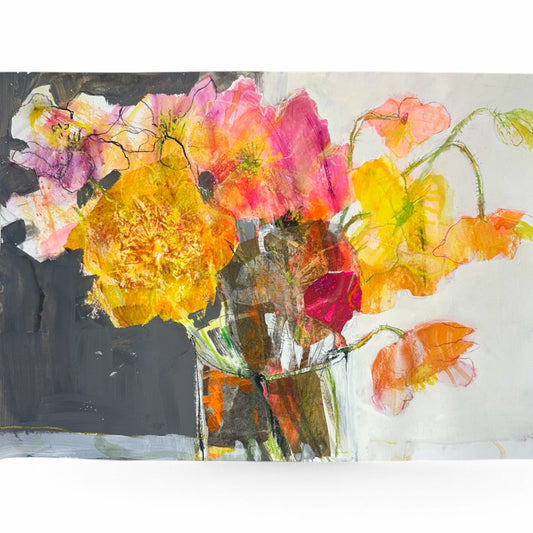 An abstract still life painting of flowers in a vase, featuring expressive brushstrokes in yellow, orange, pink, red, and purple on a white and dark gray background.