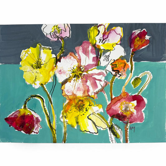 A square watercolor painting of wildflowers, featuring yellow, pink, white, and red blossoms with green stems, set against a split background of dark gray on top and teal on the bottom.
