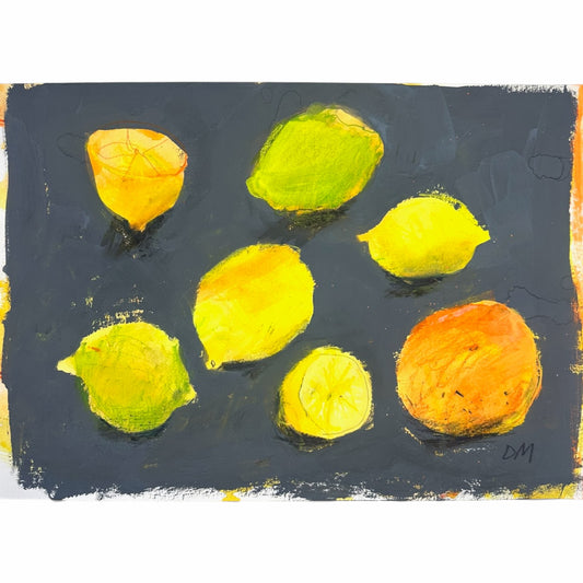 A still life painting of six lemons in various yellow, green, and orange hues on a dark charcoal gray background, presented on a white canvas with a visible white border.