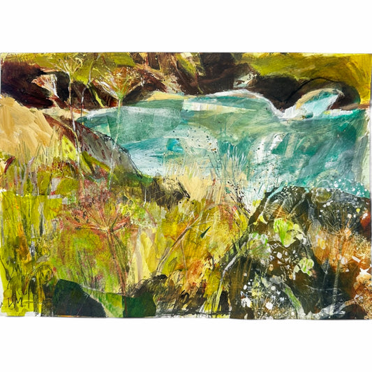 An abstract landscape painting depicting a stream or river flowing through a grassy, rocky valley, rendered in expressive brushstrokes of green, yellow, brown, black, and turquoise blue.