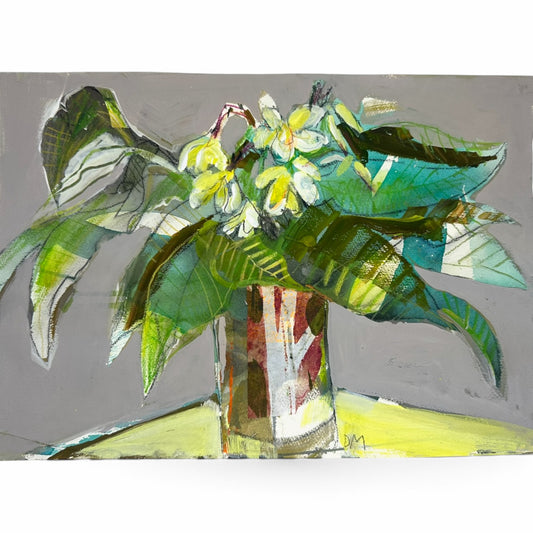 An expressive still life painting of white and yellow flowers with large green leaves in a reflective vase, set against a gray background with a yellow tabletop.