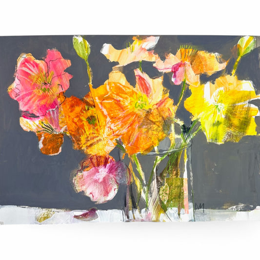 An expressive floral painting of bright pink, orange, yellow, and green flowers in a vase against a dark gray background, shown with a white border around the artwork.
