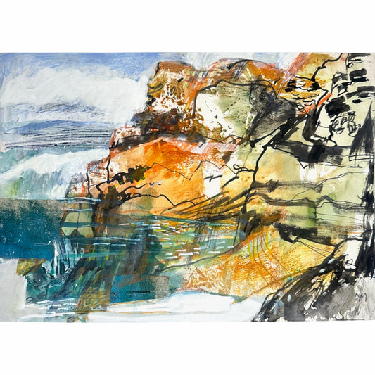 An abstract landscape painting featuring textured brushstrokes of orange, yellow, black, blue, and white, depicting a coastal or rocky scene with water.