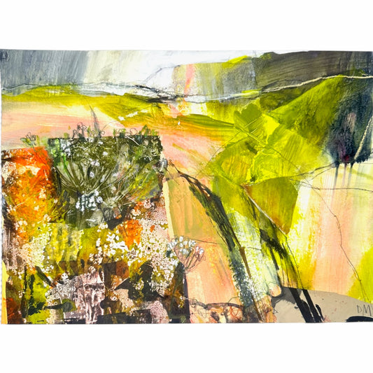 An abstract mixed-media painting featuring a vibrant landscape of green hills, orange foliage, and white blossoms, with expressive brushstrokes and layered textures.