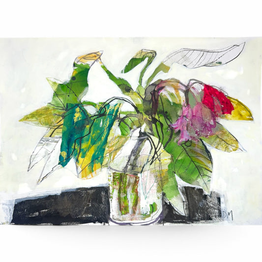 Abstract floral painting of green leaves and stems with a red flower in a clear glass vase, rendered in expressive brushstrokes on a white background.