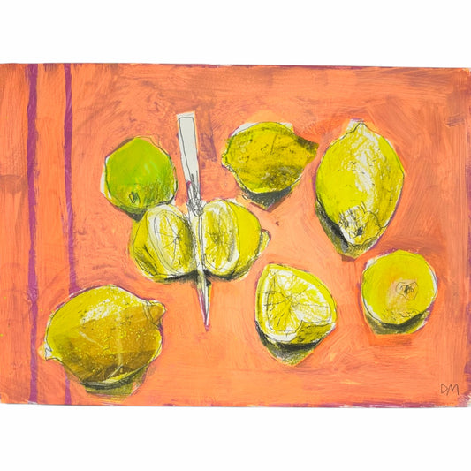 An expressive still life painting of several green lemons on a warm orange background, with a silver knife placed vertically near the center. The artwork fills most of the frame against a white margin.