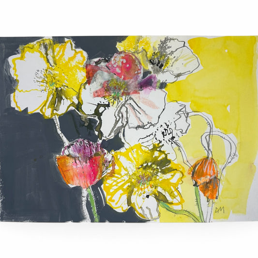 A watercolor and ink floral painting featuring yellow, white, pink, and orange flowers on a dark gray and bright yellow background.