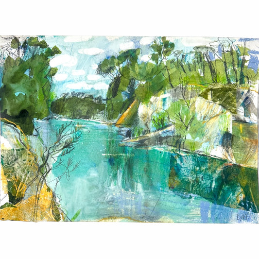 An impressionist watercolor and ink landscape painting featuring a turquoise river or inlet winding between green trees and rocky banks under a pale sky.