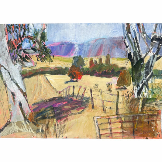 An impressionistic landscape painting featuring a rustic fence, trees, and distant hills under a blue sky, rendered in warm beige, brown, green, and purple tones.