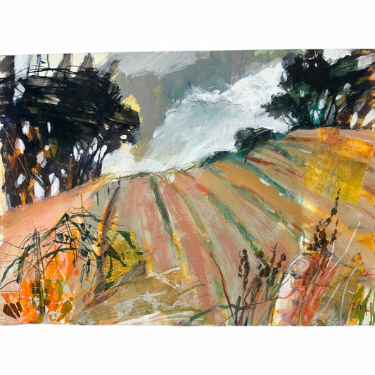 An abstract landscape painting featuring textured brushstrokes of orange, brown, green, black, and white, depicting rolling hills, trees, and a cloudy sky.