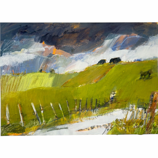 An impressionistic landscape painting of rolling green hills under a dramatic dark sky, with a pale path in the foreground and visible brushstrokes throughout.