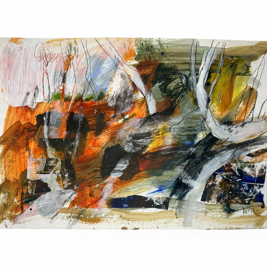 An abstract expressionist painting featuring a dynamic composition of expressive brushstrokes in orange, brown, black, white, gray, and touches of blue and yellow, set against a plain white background.