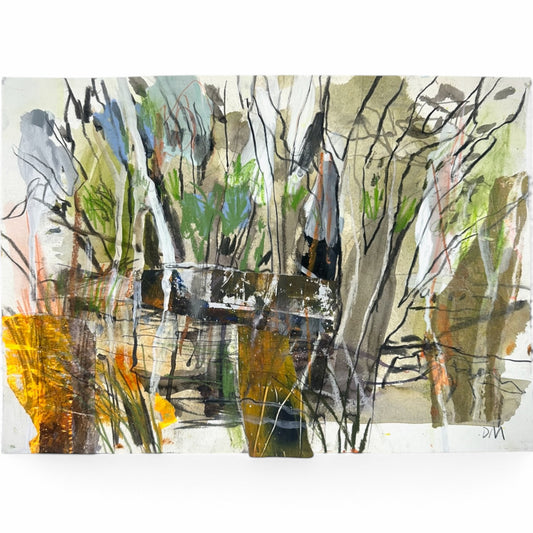An abstract landscape painting featuring tree trunks and branches with splashes of green, yellow, orange, and gray on a white background.